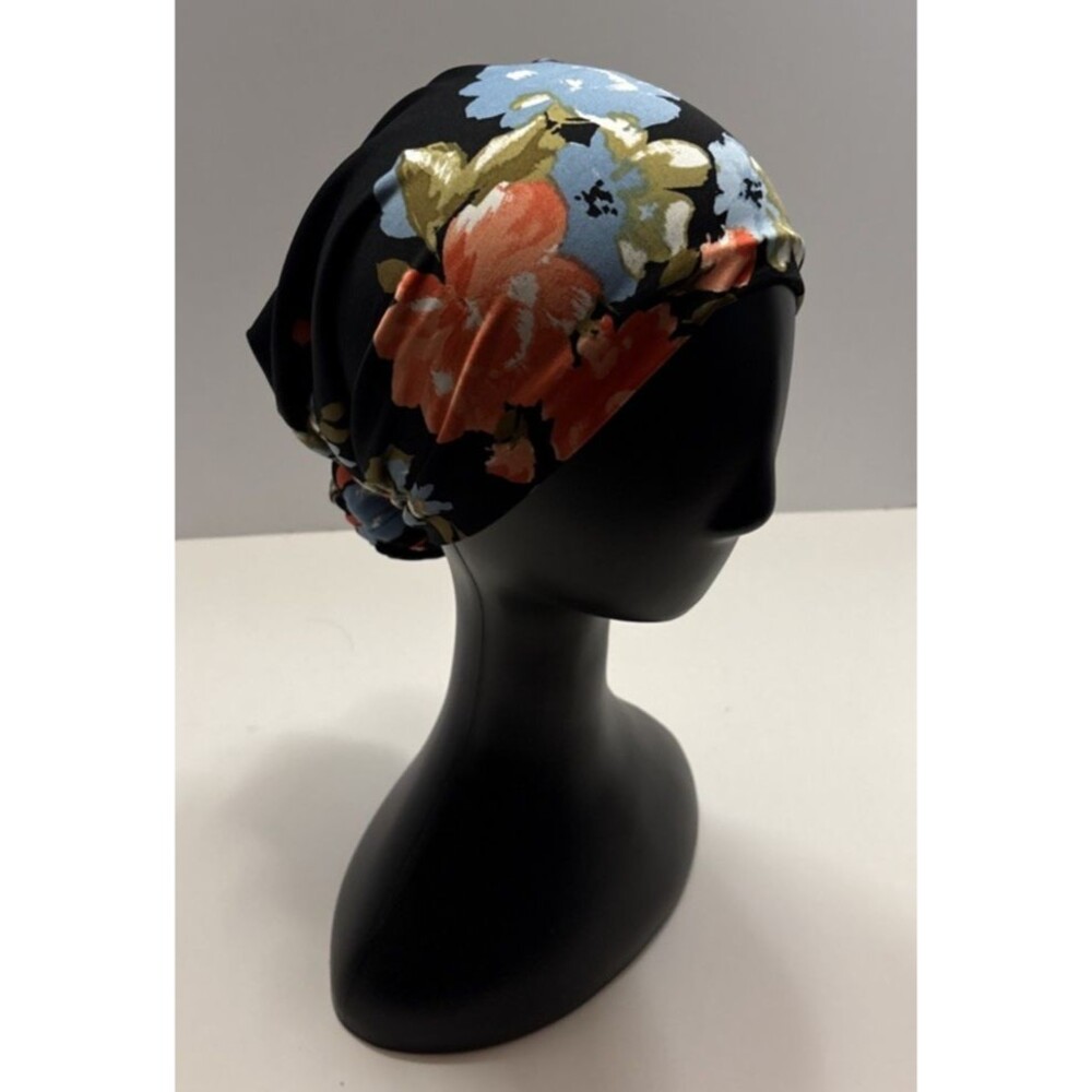 Mudvii Pre-Tied Turban Bun Style Satin Lined Navy with Blue, Pink, Green Floral